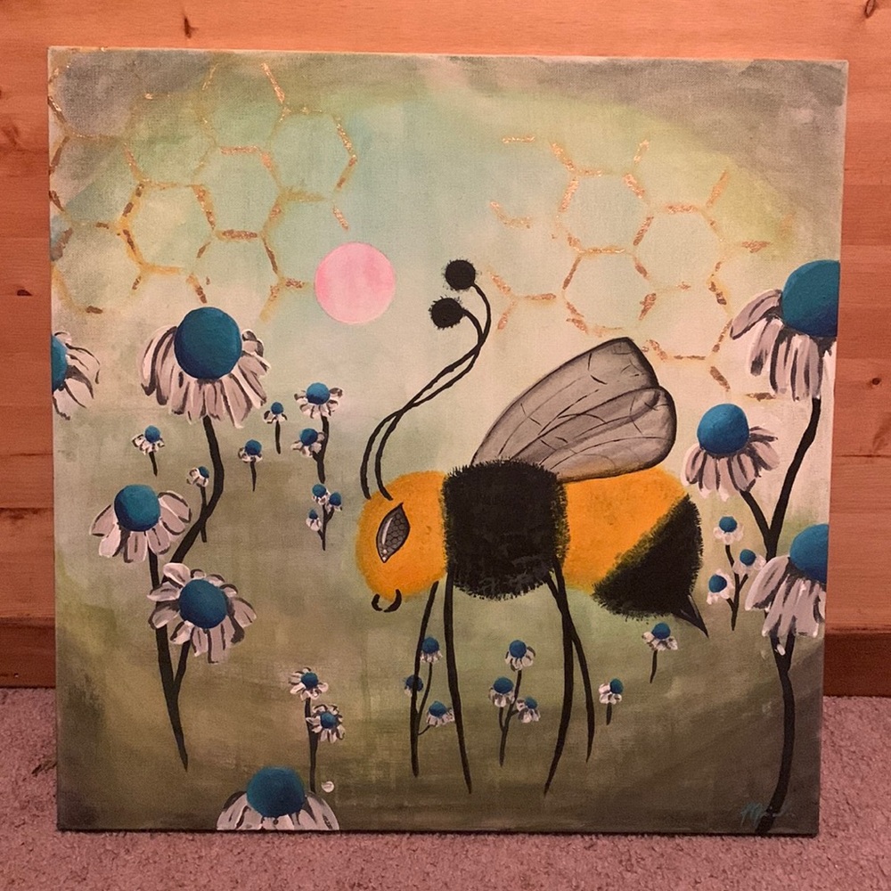 BEEing acrylic painting gold leaf.  Original.   20X20